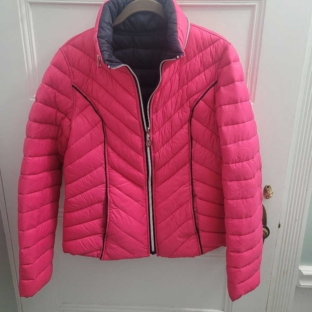 Nautica Womens Pink/ Blue Quilted Packable Puffer Jacket Reversible Size Medium